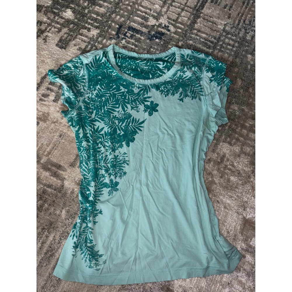 Eddie Bauer Womens Large Aqua Blue Cotton Tropical Floral Graphic T-Shirt Tee